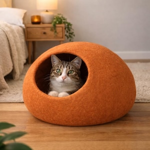 Grotte pour chat en feutre de laine fait main : lit cocon douillet pour chaton (taille moyenne) Peach Orange