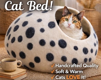 Grotte pour chat en feutre de laine fait main : lit cocon douillet pour chaton (taille moyenne)