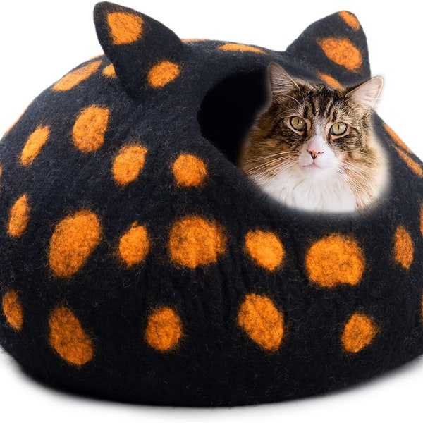 Woolygon Wool Cat Cave Bed - Handcrafted 100% Merino Wool, Eco-Friendly Felt Cat Cave for Indoor Cats and Kittens (Black Polka)