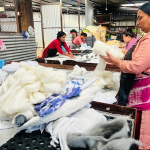 Peut inclure: Une collection de fibres de laine blanche brute et de morceaux de tissu teints en bleu, empil&eacute;s sur une table en m&eacute;tal. La laine est duveteuse et non fil&eacute;e, tandis que les morceaux de tissu pr&eacute;sentent un motif bleu et blanc distinct.
