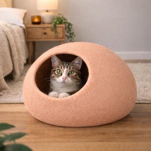 Grotte pour chat en feutre de laine fait main : lit cocon douillet pour chaton (taille moyenne) Soft Peach