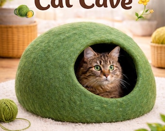 Handmade Felt Wool Cat Cave Green: Cozy Kitty Cocoon Bed (Medium Size)