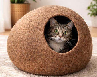 Handmade Felt Cat Cave Bed – Dark Brown Cozy Cocoon, Natural Sheep Wool Kitty House