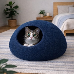 Peut inclure: Un lit pour chat en feutre bleu fonc&eacute; en forme de d&ocirc;me avec une ouverture circulaire. Un chat tigr&eacute; aux yeux verts, aux pattes blanches et au poitrail blanc repose &agrave; l'int&eacute;rieur de la structure, regardant droit devant lui depuis l'ouverture.