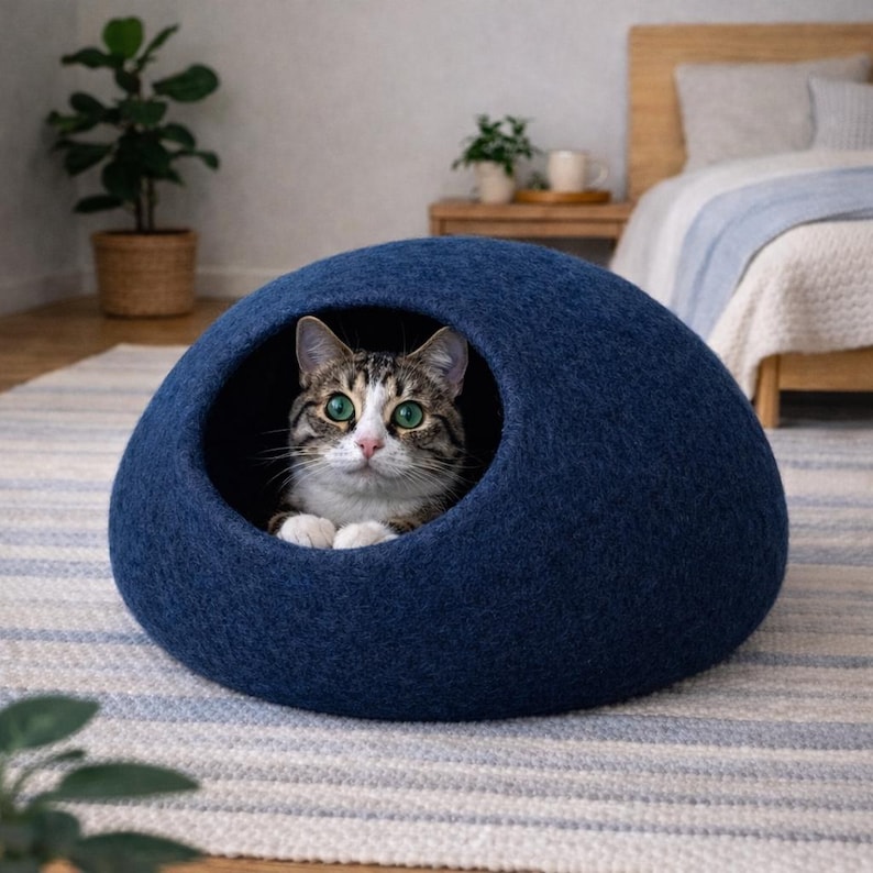 Peut inclure: Un lit pour chat en feutre bleu fonc&eacute; en forme de d&ocirc;me avec une ouverture circulaire. Un chat tigr&eacute; aux yeux verts, aux pattes blanches et au poitrail blanc repose &agrave; l'int&eacute;rieur de la structure, regardant droit devant lui depuis l'ouverture.