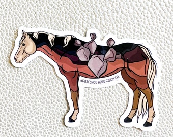 May include: A colourful illustration of a horse with a saddle made of rocks. The horse is brown, white and black. The text "Horseshoe Bend Cinch Co." is printed on the saddle.