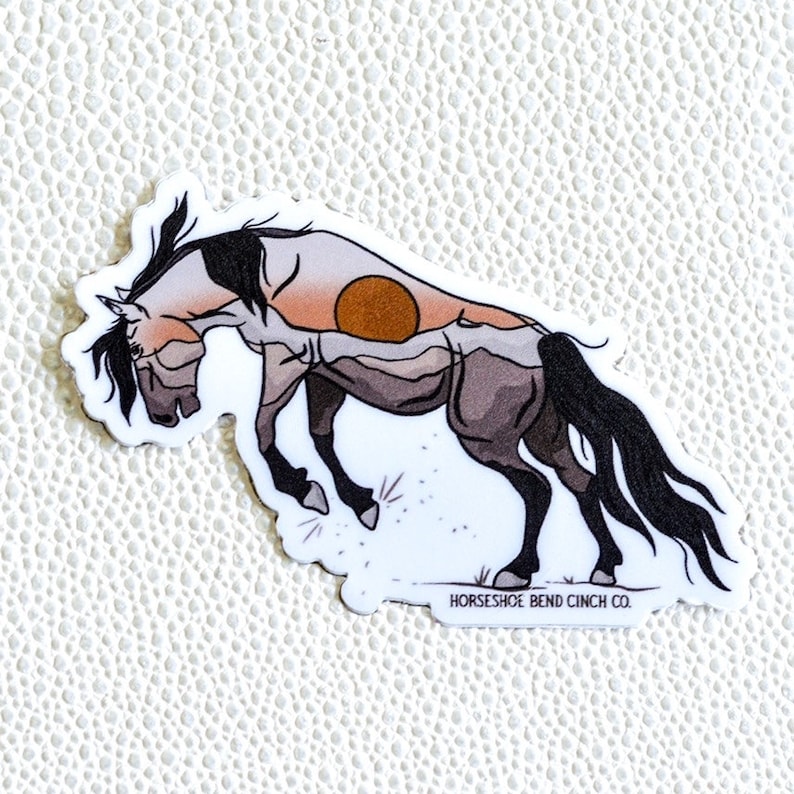 May include: A white horse with a black mane and tail is rearing up with a mountain range and a setting sun on its back. The horse is silhouetted against a white background. The text "HORSESHOE BEND CINC CO." is at the bottom of the image.