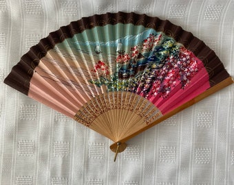 Vintage Paper and Wood Folding Fan with Landscape at Water's Edge Made in Occupied Japan
