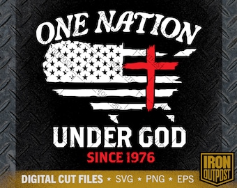 May include: A digital cut file design featuring a distressed American flag with a red cross superimposed over it. The text "ONE NATION UNDER GOD SINCE 1976" is displayed below the flag.