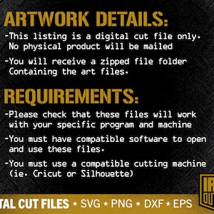 May include: Black and gold digital cut file details on a textured background. Text includes "Artwork Details" and "Requirements" with file types: SVG, PNG, DXF, and EPS. The Iron Outpost logo is in the bottom right corner.