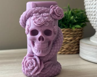 Gothic Skull Candle – Halloween Witch decor - Skull Candle with Roses and Snake - Occult Candle Gift – Creepy Cool Decor - Spooky cute decor