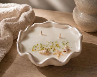 Vela grande de cera de soja con forma de concha marina / Decoración costera / Decoración para casa de playa / Regalo inspirado en el océano / Vela de lujo con forma de concha marina