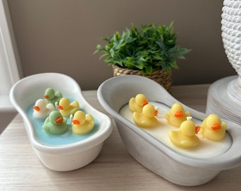 Whimsical Bathtub Soy Wax Candle: Floating Ducklings, Gypsum Holder