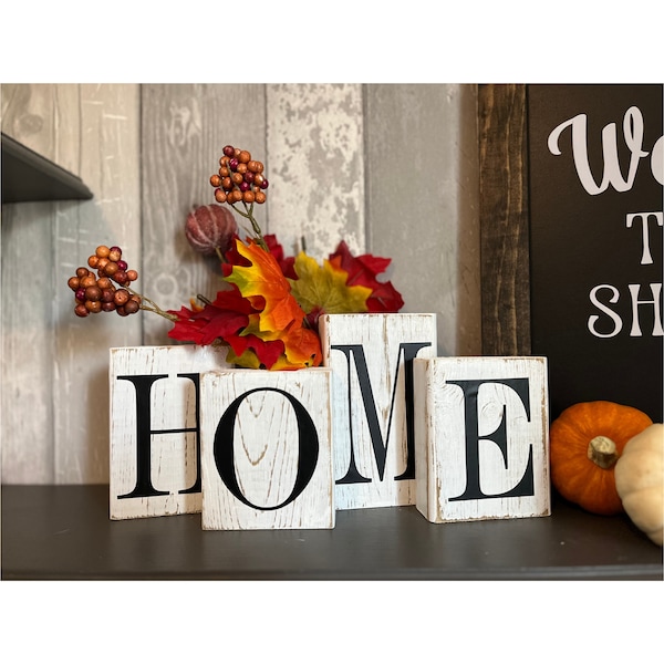 Handmade Wooden Block Sign Set - HOME | Farmhouse Decor | Distressed Wood Letters | Shelf Decor| Rustic Home Wall Art