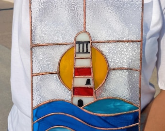 Handmade Stained Glass Lighthouse Suncatcher: Coastal Window Hanging