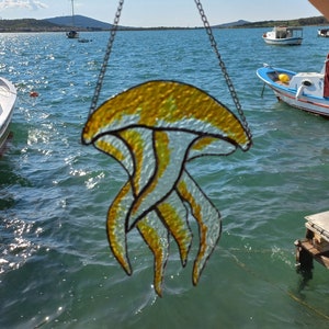 Jellyfish Stained Glass Window Hanging Ornament, Glass Suncatcher, Nature Inspired Decor, Underwater Theme Decor