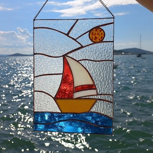 Stained Glass Sailboat Panel: Coastal Art Window Hanging