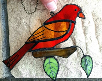 Cardinalidae Stained Glass Suncatcher, Stained Glass Window Hanging, Backyard Birding Gifts, Gift for dad