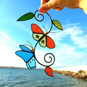 Butterflies Stained Glass Suncatcher, Butterfly theme garden decoration, Butterflies in greens window ornaments, Butterfly art gifts