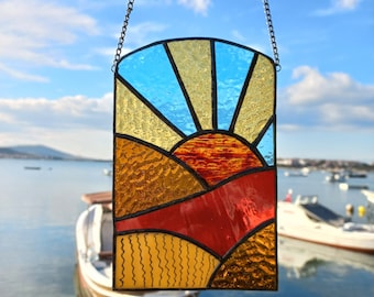 Sunrise Stained Glass Window Hanging: Landscape Suncatcher Art