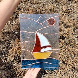 Weiß Segelboot Glasmalerei Fensterbehang, Segelboot Yacth Panel, Glasmalerei Dekoration, nautische Kunst Geschenke, Geschenk für Papa