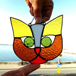 Stained Glass  Cat Window Hanging, Glass Suncatcher, Housewarming gifts, Cat decor gifts,