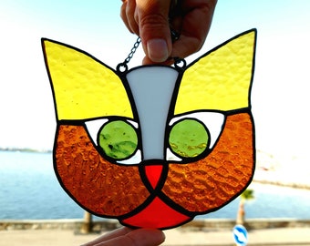 Stained Glass  Cat Window Hanging, Glass Suncatcher, Housewarming gifts, Cat decor gifts,