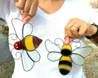 Bees Stained Glass Window Hanging, Nursery Bee ornaments, Nature Inspired Decor, Stained Glass Art, Kids room decorating