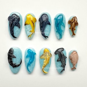 Sharkies - 3D Shark Press On Nails, Ocean Press Ons, Summer Press On Nails, Animal Press Ons, Sea Creature Nails.