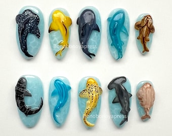 Sharkies - 3D Shark Press On Nails, Ocean Press Ons, Summer Press On Nails, Animal Press Ons, Sea Creature Nails.