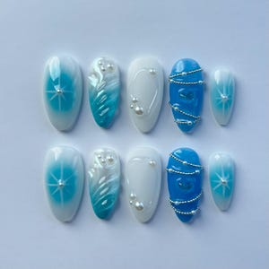 Ice Princess - Handmade Blue Press On Nails, Pearl Press Ons, Blue And White Nails, Chrome Nails, 3D Press ons.