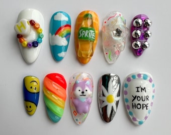 Hobicore - Hand Painted Rainbow Nails, Jhope Press Ons, BT21 Mang Nails, 3D nails, Handmade Press On nails, Bangtan Nails, BTS Press Ons.