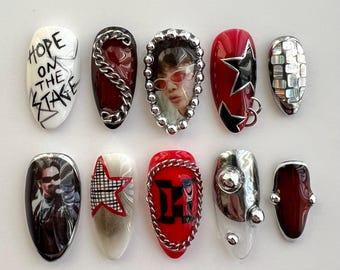 HOTS - KPOP Nails, Red and Black Hobi Press On Nails, HOTS Tour Inspired Press Ons, Jhope Nails, Handmade Nails.