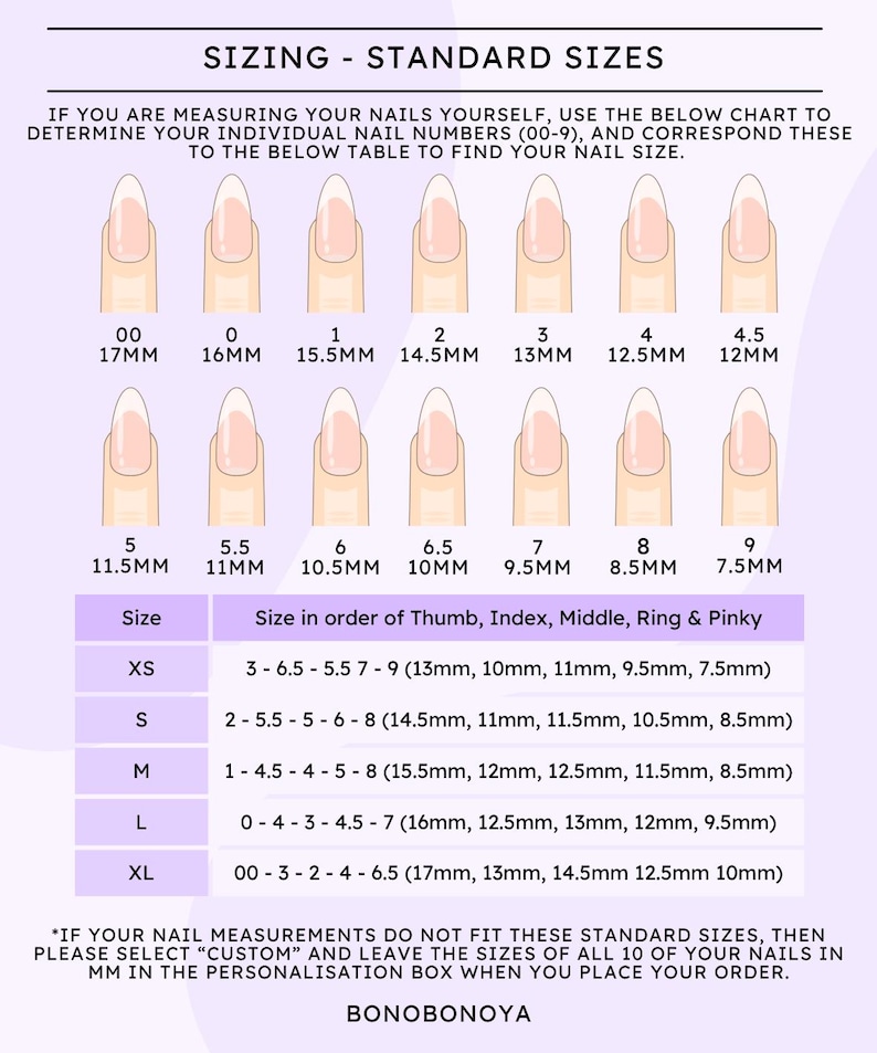Puede incluir: Un gr&aacute;fico que muestra los tama&ntilde;os est&aacute;ndar de u&ntilde;as para u&ntilde;as postizas. El gr&aacute;fico incluye una gu&iacute;a visual de los tama&ntilde;os de u&ntilde;as del 00 al 9, con las medidas correspondientes en mil&iacute;metros. El gr&aacute;fico tambi&eacute;n incluye una tabla con los tama&ntilde;os de u&ntilde;as para diferentes longitudes de dedos, etiquetados como XS, S, M, L y XL.