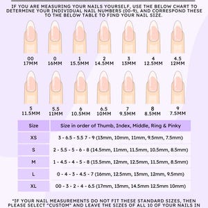 May include: A chart showing standard nail sizes for press-on nails. The chart includes a visual guide of nail sizes from 00 to 9, with corresponding measurements in millimeters. The chart also includes a table with nail sizes for different finger lengths, labeled XS, S, M, L, and XL.
