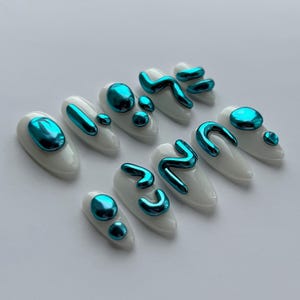 Blue Mirror - 3D Press On Nails, Chrome Nails, Handmade Press Ons, Abstract Press On Nails, Mirror Chrome Press Ons.