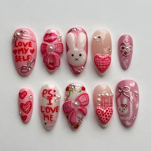 A Miffy Valentines - Valentines Press On Nails, Miffy Inspired Press Ons, Coquette Press Ons, Cute Pink Press On Nails, 3D Valentines Nails.