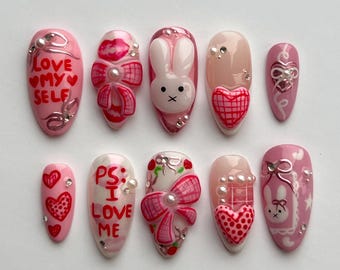 Miffy Valentines Press On Nails: 3D Coquette Pink Nails