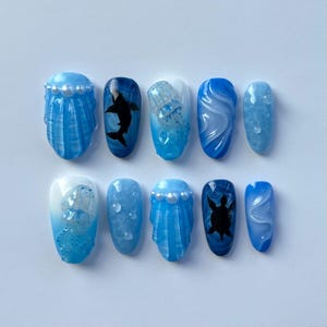 Ocean Glow -  3D Ocean Press On Nails, Animal Nails, Sea Creature Press Ons, Glow In The Dark Nails, Jellyfish Press On Nails.
