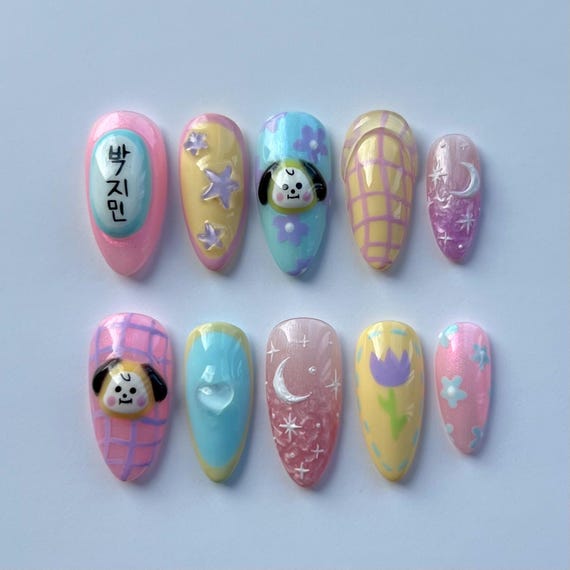 Pastel Chimmy - Hand Painted Nails, Jimin Press Ons, BT21 Chimmy