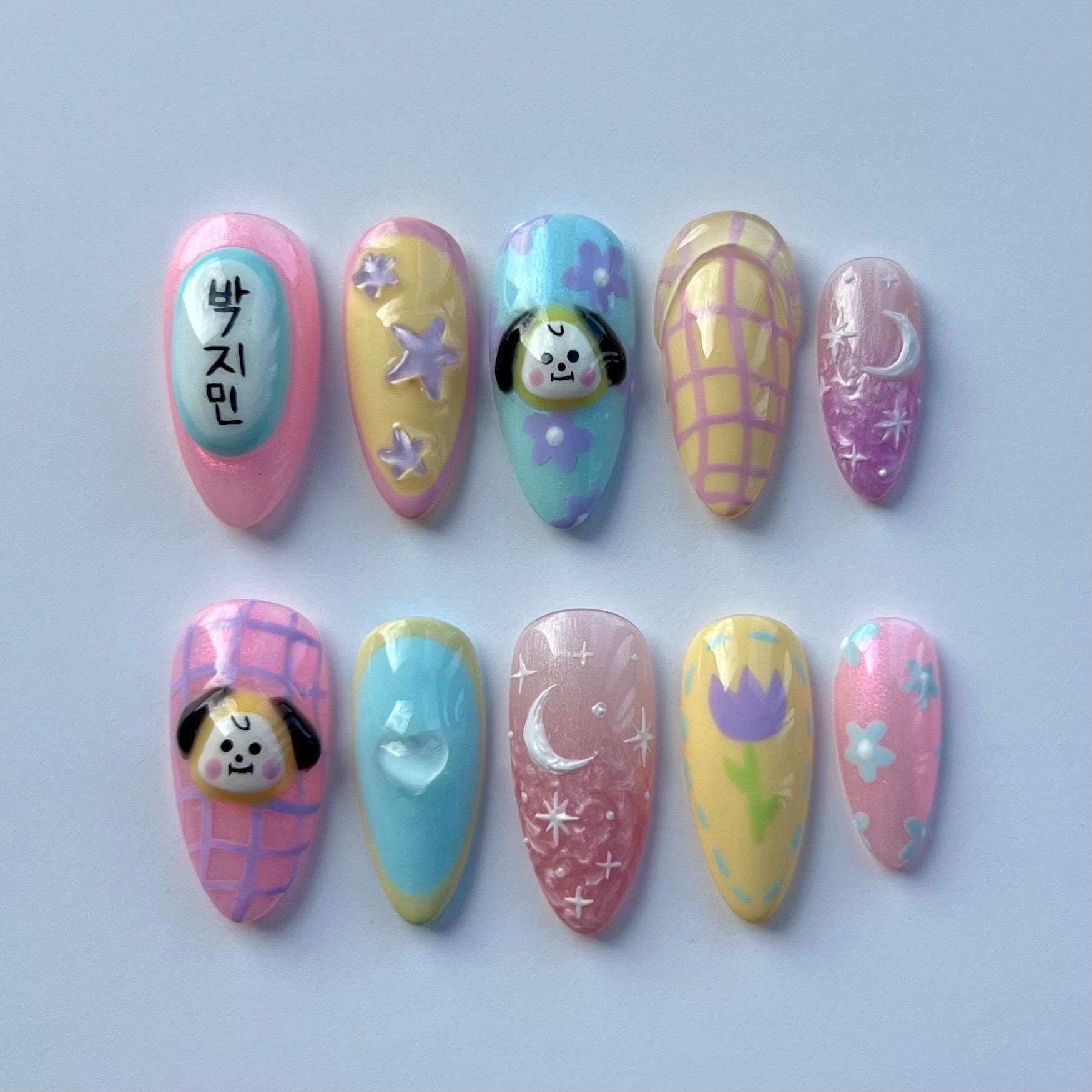 Pastel Chimmy - Hand Painted Nails, Jimin Press Ons, BT21 Chimmy Nails, 3D nails, Handmade Press On nails, Bangtan Nails, BTS Press Ons.