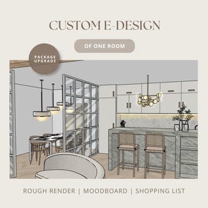 Op de afbeelding: Een digitale interieurontwerp-rendering getiteld CUSTOM E-DESIGN OF ONE ROOM met een PACKAGE UPGRADE-badge. De illustratie toont een keuken en eetruimte met een marmeren eiland, barkrukken, een glazen scheidingswand en moderne verlichting.