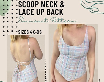 Scoop Neck & Lace Up Back Reversible Swimsuit Pattern - Sizes 4X-XS