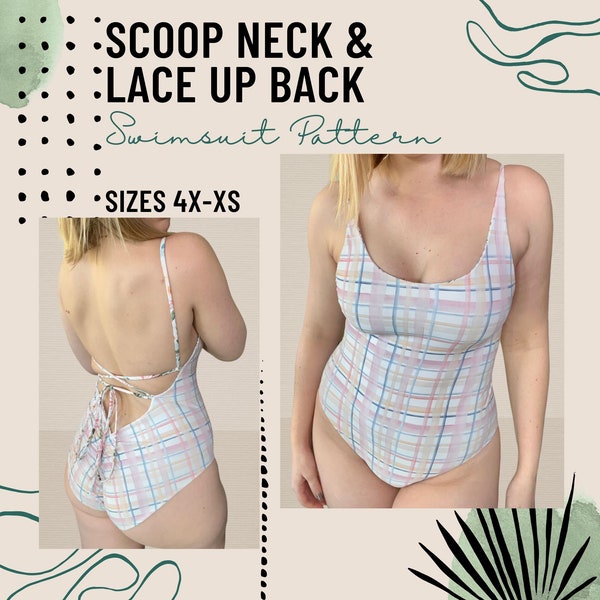 U-Ausschnitt & Lace Up Back Reversible Swimsuit Pattern - Größen 4X-XS