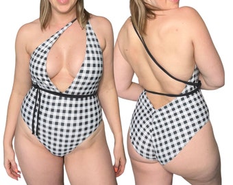 Deep V Reversible One-Piece Swimsuit - Black & Gingham
