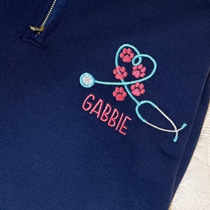Personalized Embroidered Veterinary 1/4 Zip Sweatshirt, DVM, Vet Tech, Stethoscope, Pawprints
