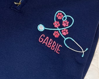 Personalized Embroidered Veterinary 1/4 Zip Sweatshirt, DVM, Vet Tech, Stethoscope, Pawprints