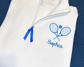 Personalized Tennis Sweatshirt, Quarter Zip, Monogrammed, Embroidered Name, Team Shirts, School Athletics, Crossed Rackets