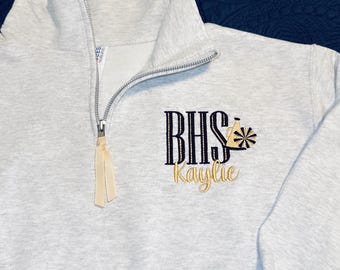 Embroidered Cheer 1/4 quarter Zip Sweatshirt, Cheerleader, Cheer Coach, Team Colors, Personalized Name