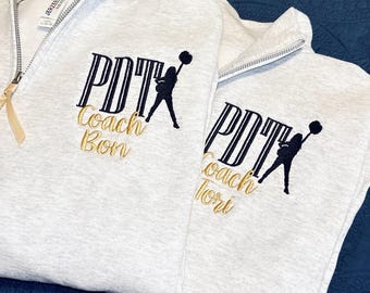 Embroidered Cheer 1/4 quarter Zip Sweatshirt, Personalized Name, Team Colors, Cheerleading, Cheerleader, Squad, Coach